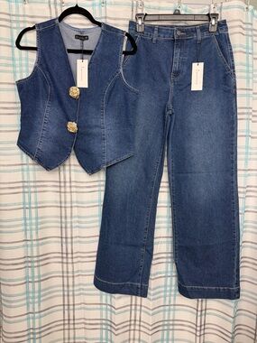 Denim Straight-Leg Pants with Matching Vest - Blue